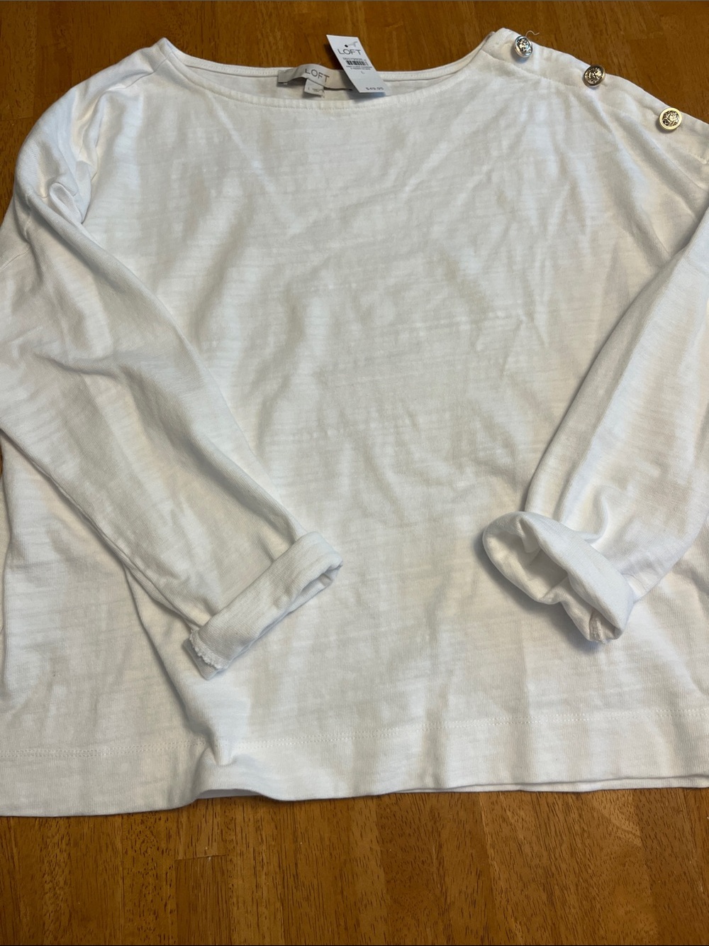 LOFT White Boatneck Top with Shoulder Buttons
